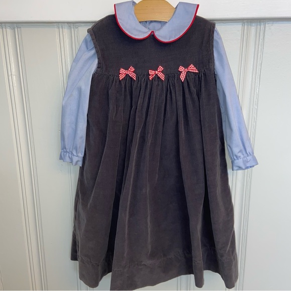 Mondays Child’s Gray Corduroy jumper and blue chambray blouse set red trim - Picture 1 of 7